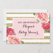 Roze bloemen Blush Gold Stripes Baby shower Kaart (Voorkant)