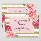 Roze bloemen Blush Gold Stripes Baby shower Kaart (Voorkant / Achterkant)