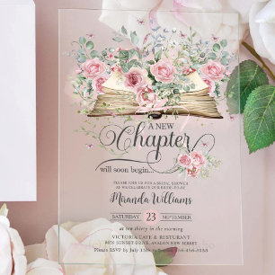 Roze Bloemen Boek Nieuwe Hoofdstuk Bruidsfeest Acryl Uitnodigingen