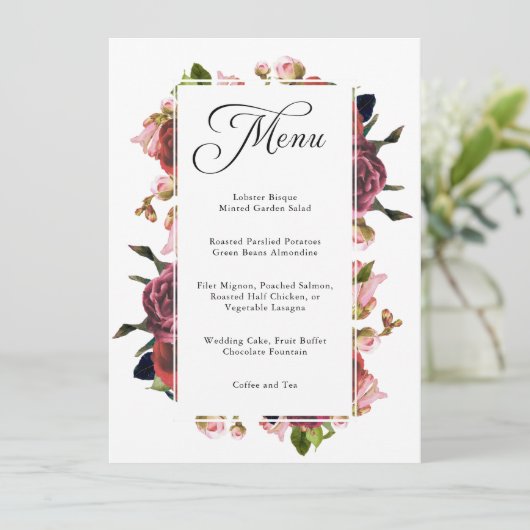 Roze Bloemen Boeket Bruiloft Menu (Staand voorkant)