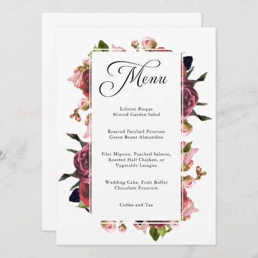 Roze Bloemen Boeket Bruiloft Menu (Voorkant / Achterkant)