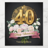 Roze Bloemen Boeket Goud 40ste bruiloft Jubileum Wijn Etiket (Enkel label)
