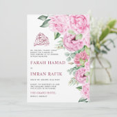 Roze Bloemen Boeket Wit Moslim Islamitisch Bruilof Kaart (Staand voorkant)