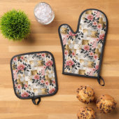 Roze Bloemen Boeketten met Gouden en Witte Pleinen Ovenwant & Pannenlap Set (Top down)