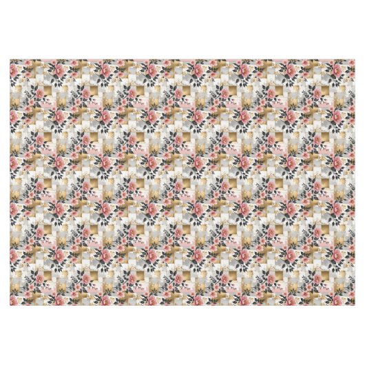 Roze Bloemen Boeketten op Gouden en Witte Pleinen Tafelkleed (Voorkant (Horizontaal))