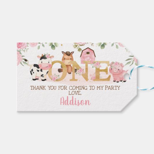 Roze Bloemen Boerderij 1e Verjaardag Cadeaulabel (Voorkant (Horizontaal))