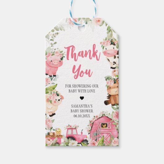 Roze Bloemen Boerderij Barnyard Baby shower Favor  Cadeaulabel (Voorkant)