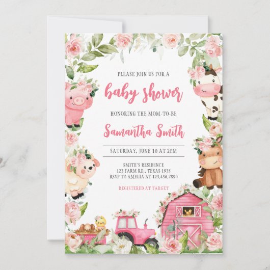 Roze Bloemen Boerderij Barnyard Baby shower Kaart (Voorkant)