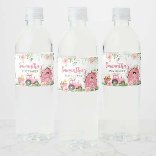 Roze Bloemen Boerderij Barnyard Baby shower Waterfles Etiket (Flessen)