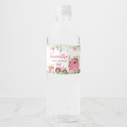 Roze Bloemen Boerderij Barnyard Baby shower Waterfles Etiket (Voorkant)