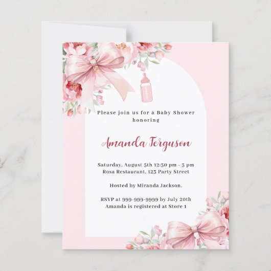 Roze bloemen bogen boog Baby shower uitnodiging (Voorkant)