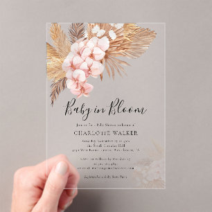 Roze Bloemen Boho Baby in Bloom Pampas Grass Showe Acryl Uitnodigingen