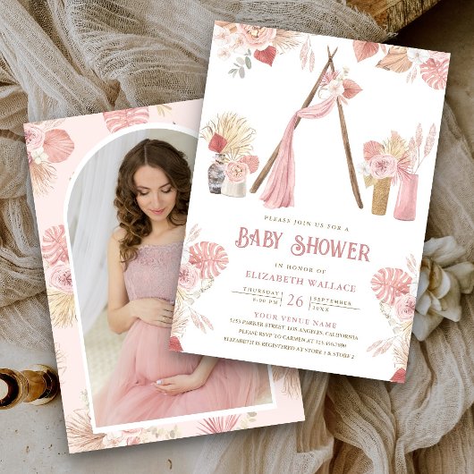 Roze Bloemen Boho Beach Arbor Foto Baby shower Kaart