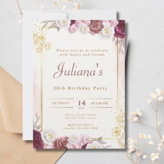 Roze Bloemen Boho Elegant 50ste Verjaardagsfeest Kaart