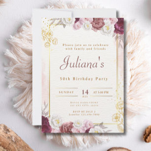 Roze Bloemen Boho Elegant 50ste Verjaardagsfeest Kaart