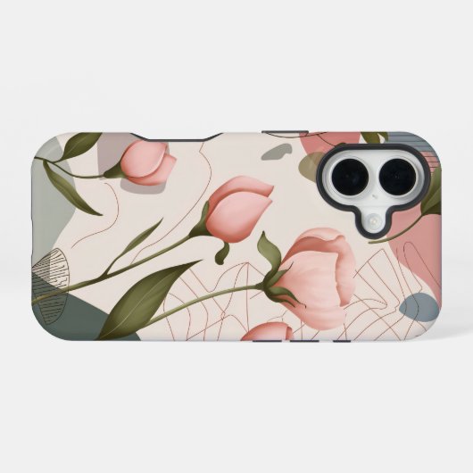 Roze bloemen, Boho patroon iPhone 16 Hoesje (Achterkant horizontaal)