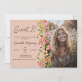 Roze Bloemen Boho Sweet 16 Foto Verjaardagsfeest Kaart (Voorkant)