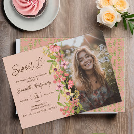 Roze Bloemen Boho Sweet 16 Foto Verjaardagsfeest Kaart