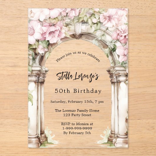 Roze bloemen boog beige duidelijke verjaardag acryl uitnodigingen (Voorkant)