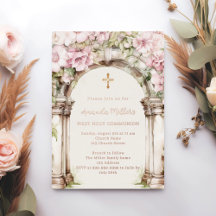 Roze bloemen boog beige Eerste Communie roze goud