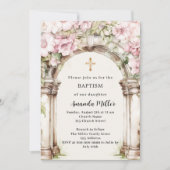 Roze bloemen boog beige meisje Doop Kaart (Voorkant)