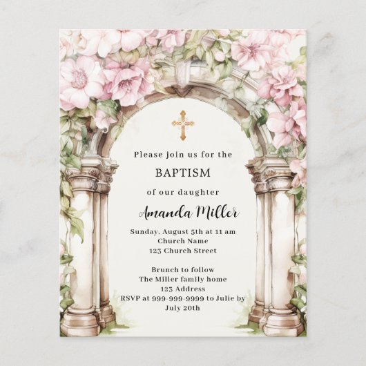 Roze bloemen boog beige meisje doop uitnodiging (Voorkant)