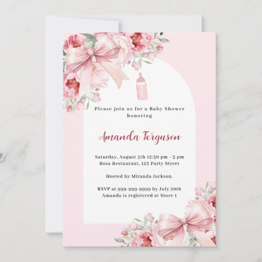 Roze bloemen boog boog baby fles Baby shower Kaart (Voorkant)