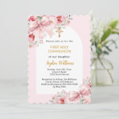 Roze bloemen boog boog Eerste Communie Kaart (Staand voorkant)