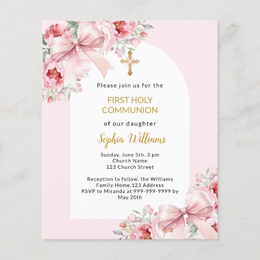 Roze bloemen boog boog Eerste Communie uitnodiging (Voorkant)