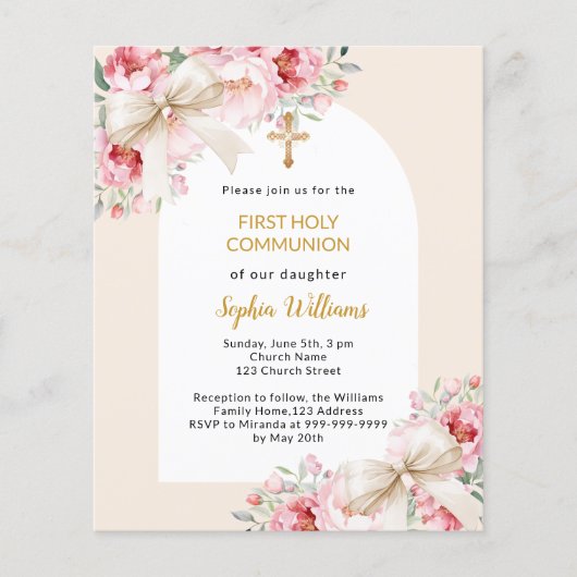 Roze bloemen boog boog Eerste Communie uitnodiging (Voorkant)