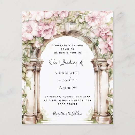 Roze bloemen boog bruiloft uitnodiging (Voorkant)
