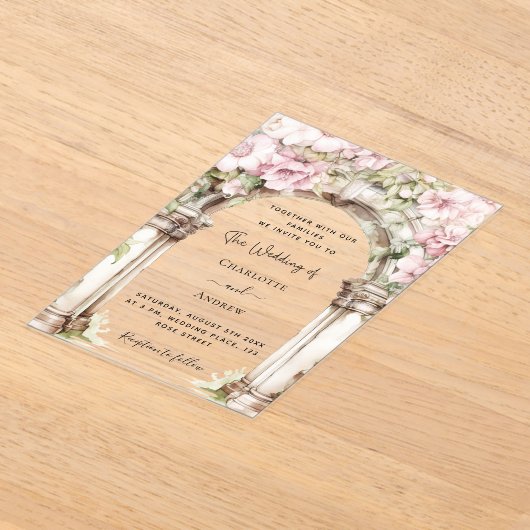 Roze bloemen boog duidelijke bruiloft acryl uitnodigingen (Laagn)