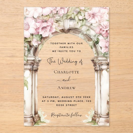 Roze bloemen boog duidelijke bruiloft acryl uitnodigingen (Voorkant)