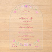 Roze Bloemen Boog Eerste Communie Acryl Uitnodigingen (Voorkant)