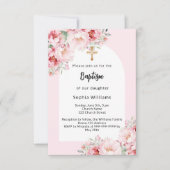 Roze bloemen boog gouden kruis meisje doop kaart (Voorkant)