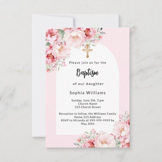 Roze bloemen boog gouden kruis meisje doop kaart (Voorkant)