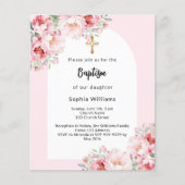 Roze bloemen boog gouden meisje doop uitnodiging (Voorkant)