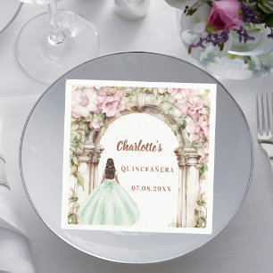 Roze bloemen boog groene jurk Quinceanera lunch Servet