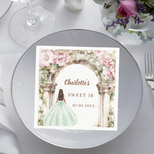 Roze bloemen boog groene jurk Sweet 16 lunch Servet