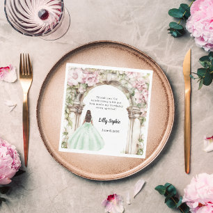 Roze bloemen boog groene jurk verjaardag lunch servet