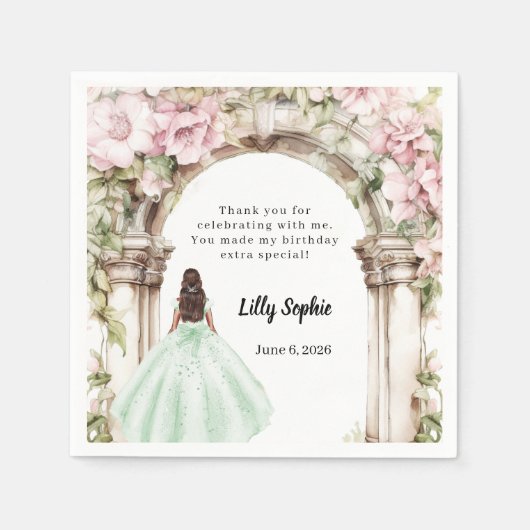 Roze bloemen boog groene jurk verjaardag servet (Voorkant)