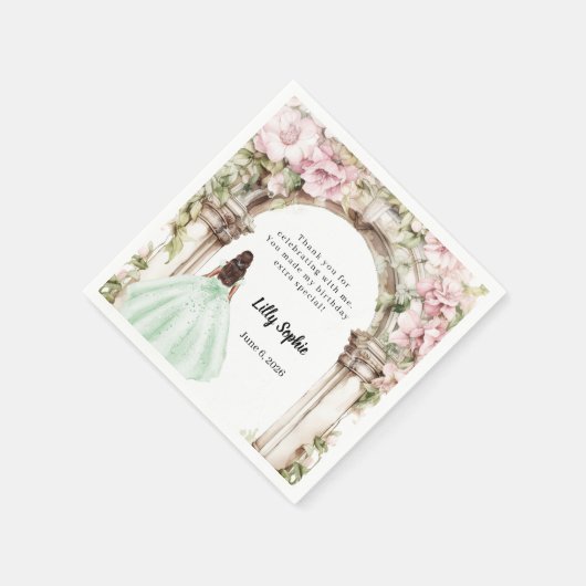 Roze bloemen boog groene jurk verjaardag servet (Hoek)