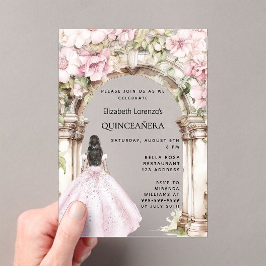 Roze bloemen boog jurk duidelijk Quinceanera Acryl Uitnodigingen (Insitu (Draagbaar))