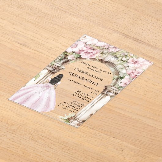 Roze bloemen boog jurk duidelijk Quinceanera Acryl Uitnodigingen (Laagn)