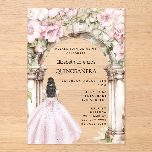Roze bloemen boog jurk duidelijk Quinceanera Acryl Uitnodigingen (Voorkant)
