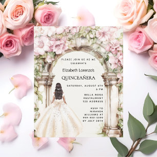 Roze bloemen boog jurk Quinceanera uitnodiging