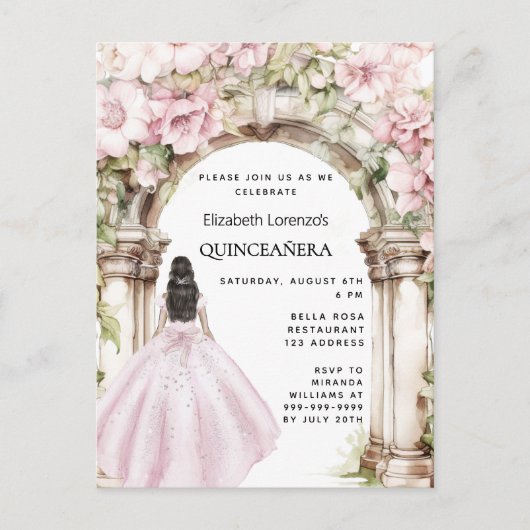 Roze bloemen boog jurk Quinceanera Uitnodiging Briefkaart (Voorkant)