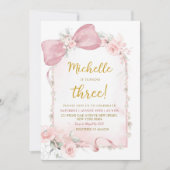 Roze Bloemen Boog Meisje 3e verjaardag Uitnodiging (Voorkant)