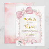 Roze Bloemen Boog Meisje 3e verjaardag Uitnodiging (Voorkant / Achterkant)