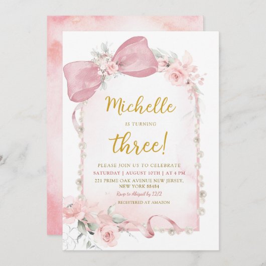 Roze Bloemen Boog Meisje 3e verjaardag Uitnodiging (Voorkant / Achterkant)